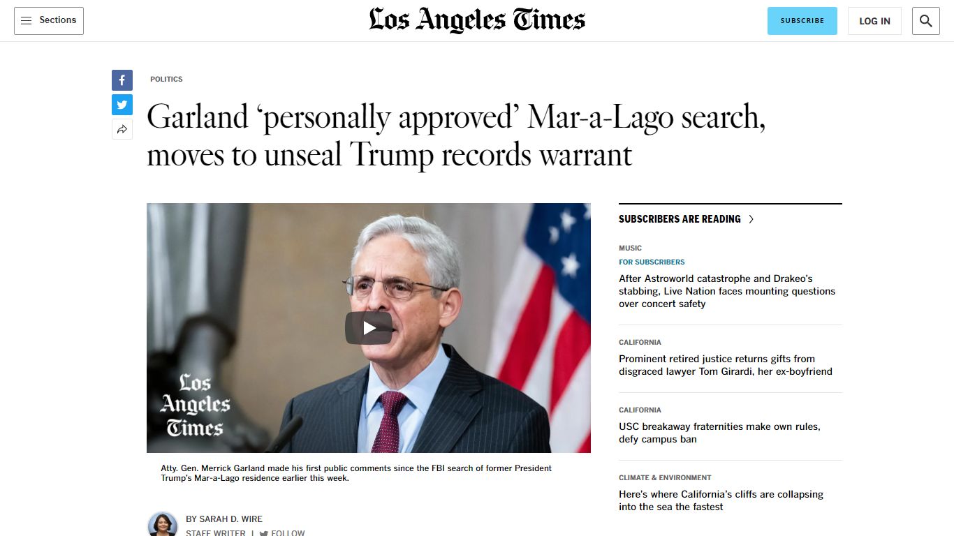 Garland: DOJ files motion to unseal Mar-a-Lago search warrant - Los ...